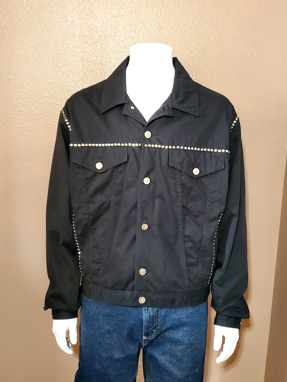 Vtg VERSACE Jeans Couture Ittierre black twill studded trucker jacket L